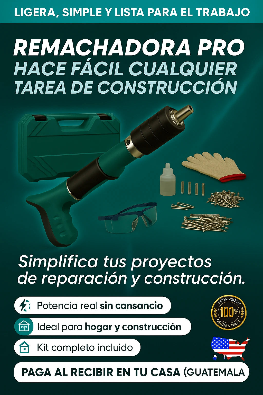 PISTOLA REMACHADORA DE CLAVOS I +3 accesorios GRATIS gafas, repuestos y caja de herramientas